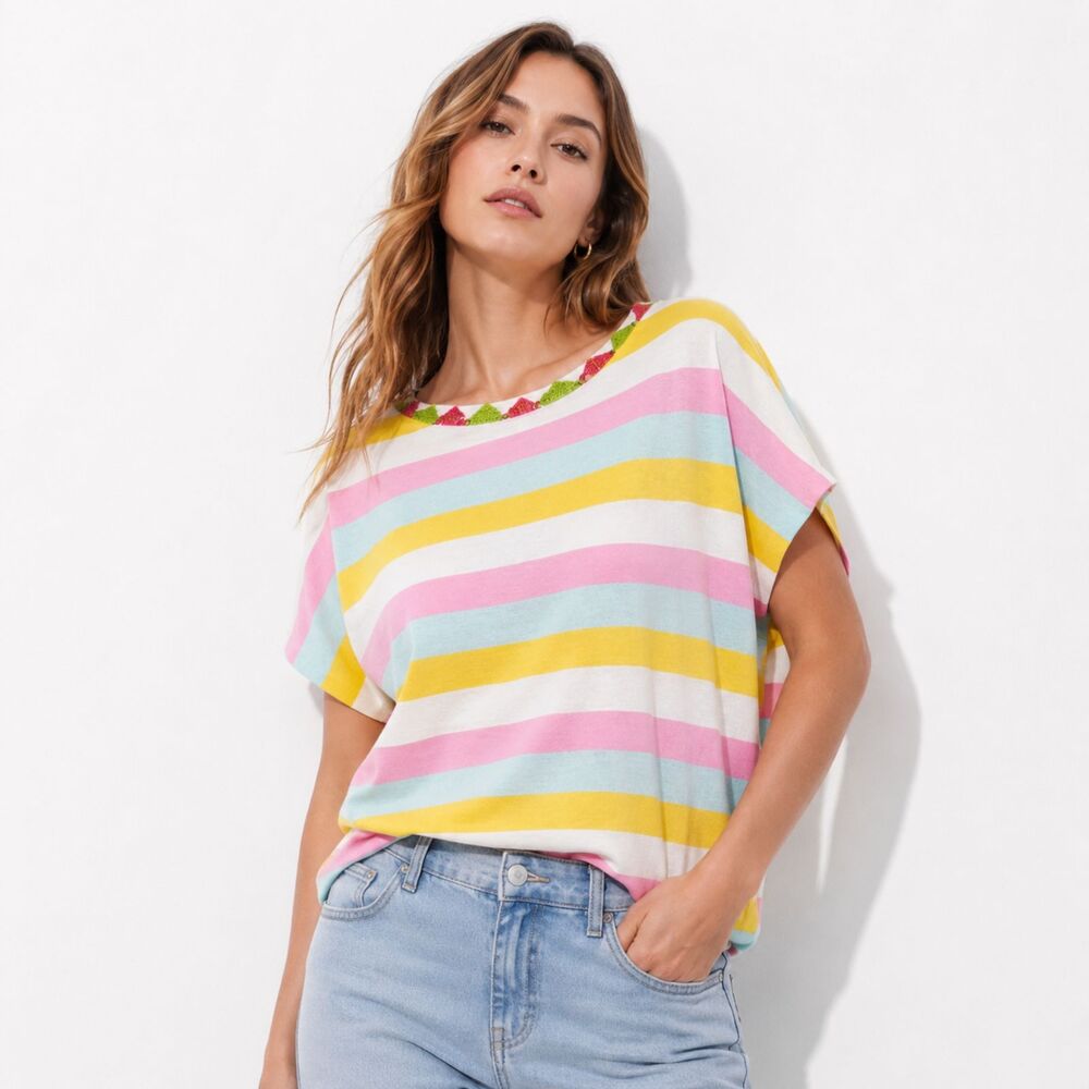 Anthropologie Happy Sheep NEW Oversized Striped Embroidered Coastal Beachy Top M